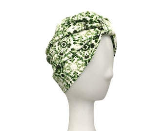 Thick Patterned Vintage Style Turban Hat Head Scarf White and Green for Women