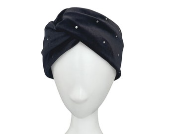 Black Silver Studded Elegant Velvet Turban Twist Headband Head Wrap for Women