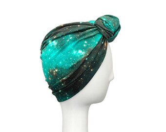 Green space constellation print knotted turban head wrap for women, Handmade elastic soft cotton pre tied head scarf