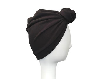 Turban for Women - Soft Black Ribbed Jersey Front Knot Alopecia Women's Turban Head Wrap, Chemo Gift for Her