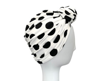 Turban for Women - White dotted cotton jersey vintage style turban head wrap hat for women