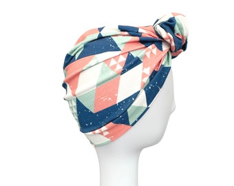 Turban for Women- Geometric style pattern front knot turban head wrap hat in white, pink, mint and blue
