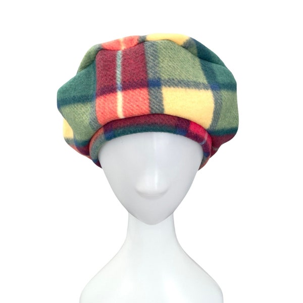 Soft Green and Yellow Tartan French Beret Hat Retro Fleece Winter Beret Hat for Women Ladies Warm Autumn Headwear Gift for Her