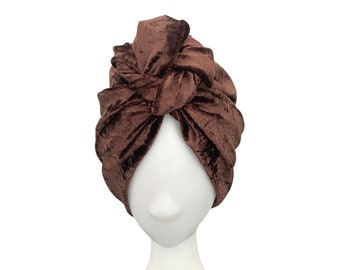 Brown Velvet Vintage Style Full Head Turban Wrap for Women