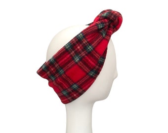 Red Tartan Knotted Ear Warmer Headband for Women Warm Wide Soft Comfy Chunky Fleece Winter Headband