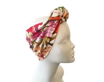 White Colourful Flower Print Headband Soft Jersey Floral Turban Head Wrap Headband Gift for Her Knotted Summer Headband for Women
