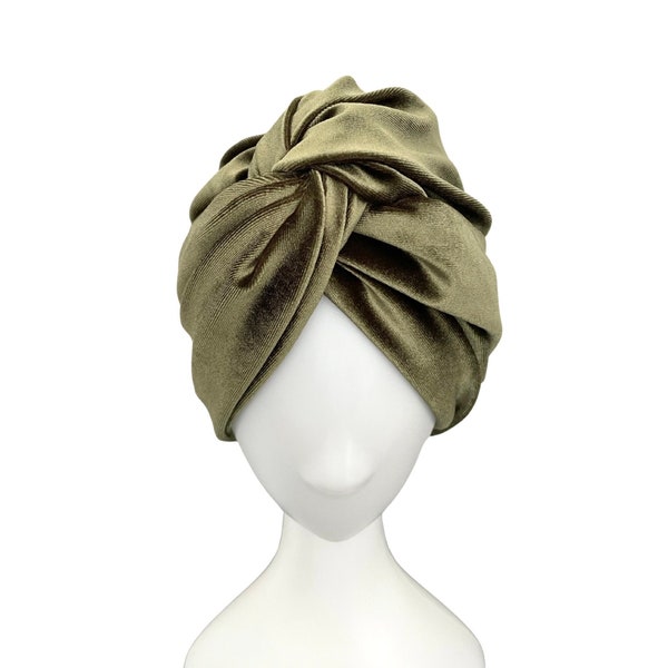 Verde oliva suave terciopelo turbante Twist Head Wrap cómodo terciopelo de lujo invierno 1940s Turban