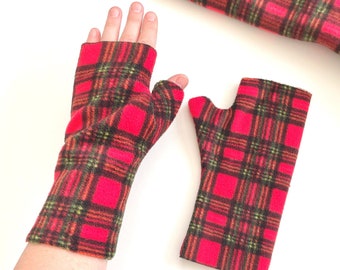 Red tartan fingerless wrist warmer gloves Soft patterned fleece gloves mittens Gift for her for women Fall Clothing