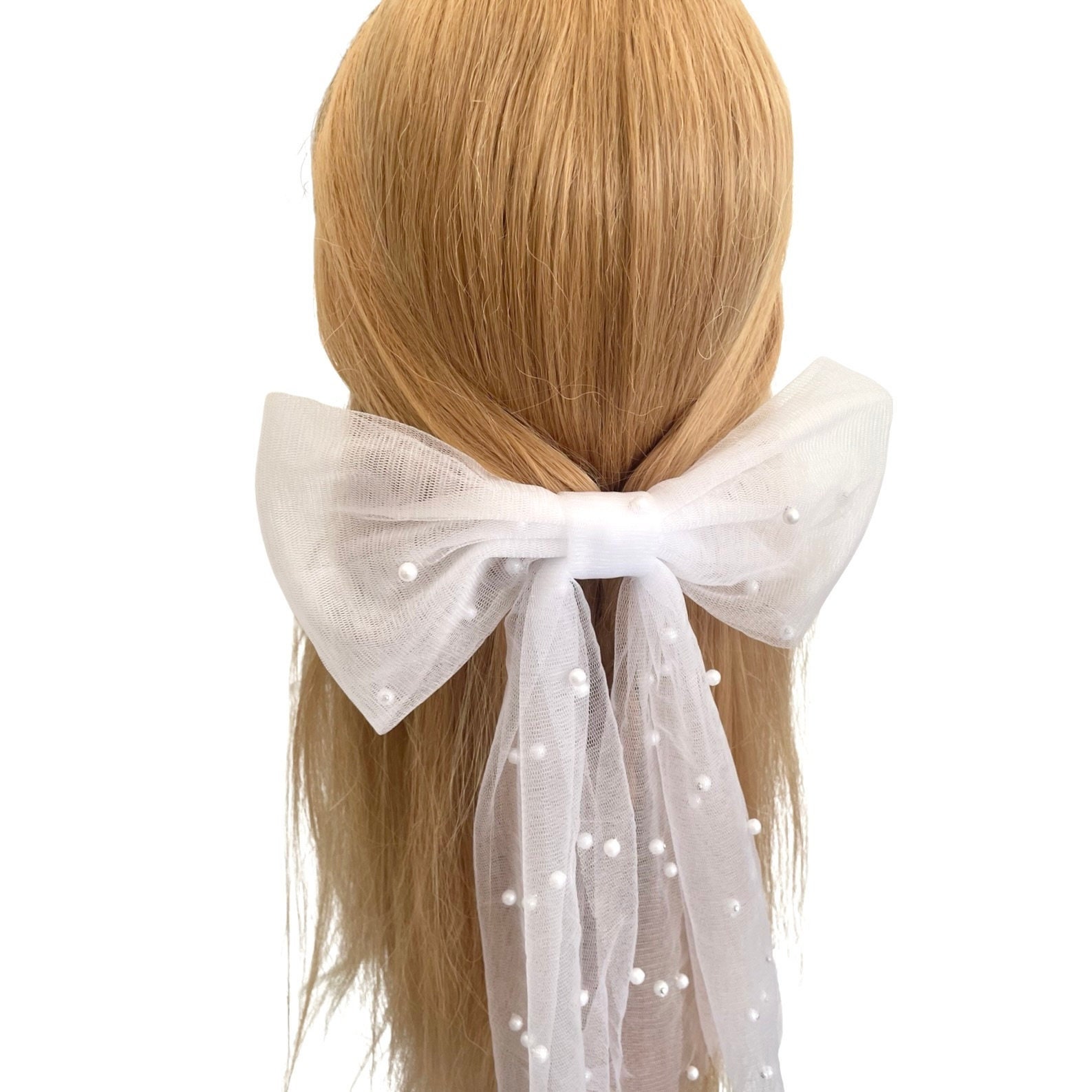 White Pearl Floral Ribbon Hair Bow Clip | Romantic Bridal Coquette Pearl adorned silk double bow - Style #2574 main image 4