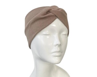 Winter headband - Beige wide soft brushed knit fabric turban twist knot headband Winter clothing for women Handmade earmuffs