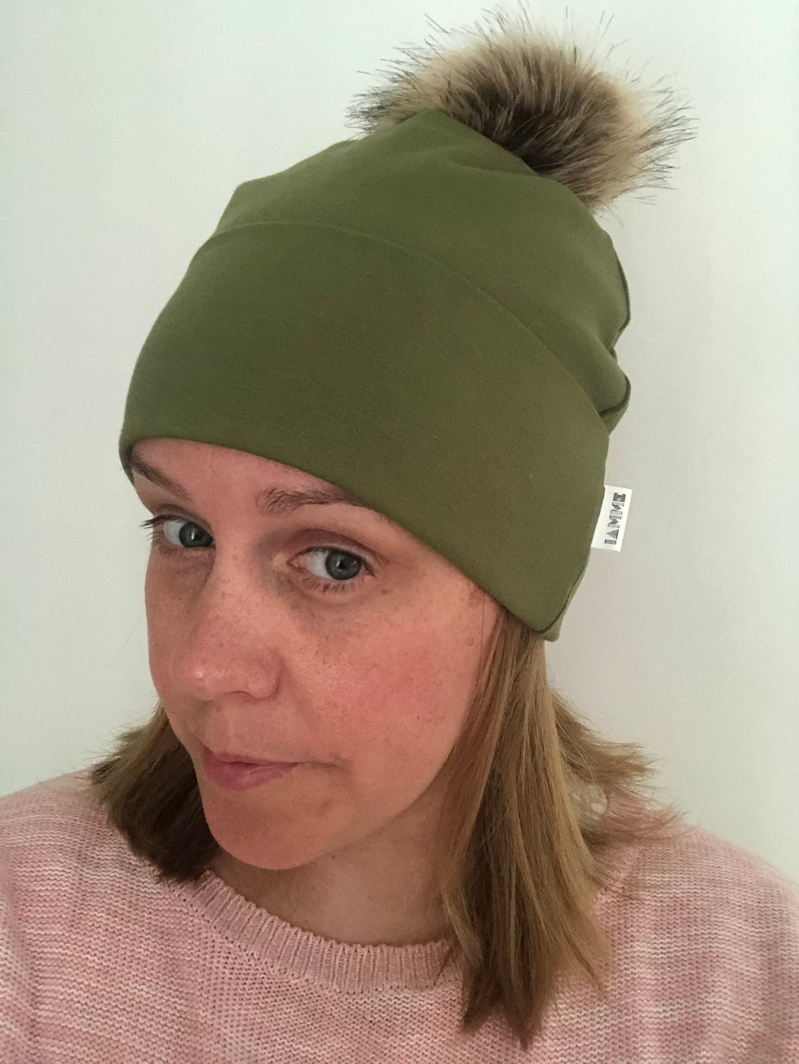 Olive Green Beanie Hat Women's Pom Pom Hat Faux Fur Pom Etsy