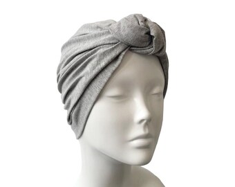Turban Handmade light grey pre-tied knot head wrap turban for women Soft stretchy cotton hair loss headwear head scarf for chemo alopecia