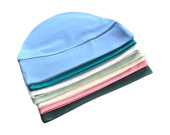 Bonnet souple, Bonnet anti-cancer en coton, Bonnet uni en jersey fait main, Cadeau chimio pour femme et homme