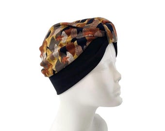 Soft Turban Hat for Women Rust Leaf Print Retro Style Hair Turban Head Wrap for Ladies Chemo Patients Gift for Vintage Lover Handmade Hat