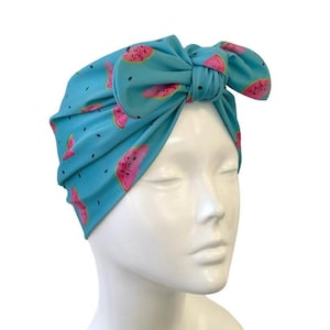 Summer Turban Head Wrap, Watermelon Print Swim Cap, Beach Turban, SPF 50 Hair Care Head Scarf for Women, Blue Hair Loss Alopecia Head Cover