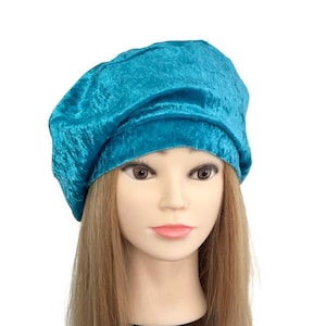 Velvet Beret Turquoise Blue Crushed Velvet Hat Boho Fashion Hat for Women Slouchy Beret Hat Unlined Spring Retro Vintage Style Beret Cap