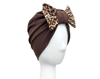 Turban for Women - Brown Leopard Print Bow Head Wrap Hair Turban for Women, Vintage Style Gift for Retro Lover