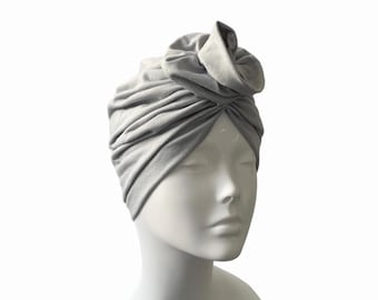 Turban Hat for Women Light Grey Rosette Retro Style Hair Turban Head Wrap for Ladies Chemo Patients Gift for Vintage Lover Handmade Hat