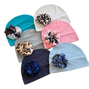 Colourful cotton beanie hat with a rosette, Soft cosy adult chemo beanie cap for hair loss, Alopecia gift for women, Headwear for ladies