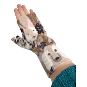 Fingerless dog print fleece gloves Warm wrist warmer winter mittens Gift for dog lovers mom Handmade dog walking gifts for women