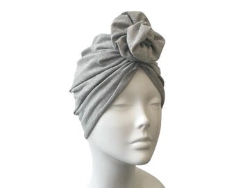 Turban hat - Women's light grey stretch jersey turban hat, Rosette hair turban, Alopecia turban cap, Turban beanie, Soft cotton head wrap