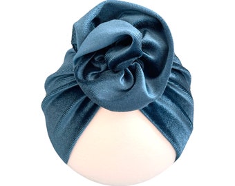 Chapeau turban pour bébé - Chapeau turban tendance bébé fille rosette en velours de luxe bleu pétrole - Taille 6-18 mois - Cadeau de naissance pour bébé fille