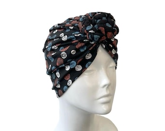 Turban for Women Black Patterned Retro Turban Head Wrap Hat for Women Chain Knot Stretchy Turban Hat Gift for Vintage Lover Hair Loss Hat
