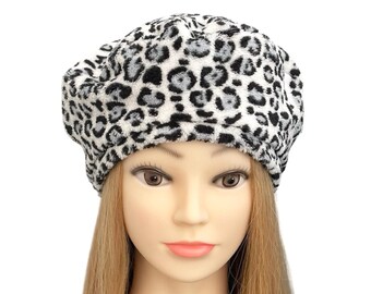 Leopard Print Faux Fur Beret - Women