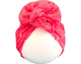 Prettied Baby Lace Turban Hat Baby Girl Knot Head Wrap Raspberry Pink Headscarf Soft Girls Turban Hat for 6-18 Months