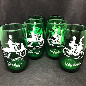 Vintage Anchor Hocking Roly Poly Emerald Green Highball Glasses- Gay Nineties Bicycles Built for Two and Gas Buggy