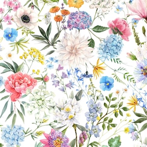 May include: A watercolor painting of a floral bouquet with various flowers in shades of pink, blue, white, yellow, and purple. The flowers include anemones, hydrangeas, peonies, and passionflowers.