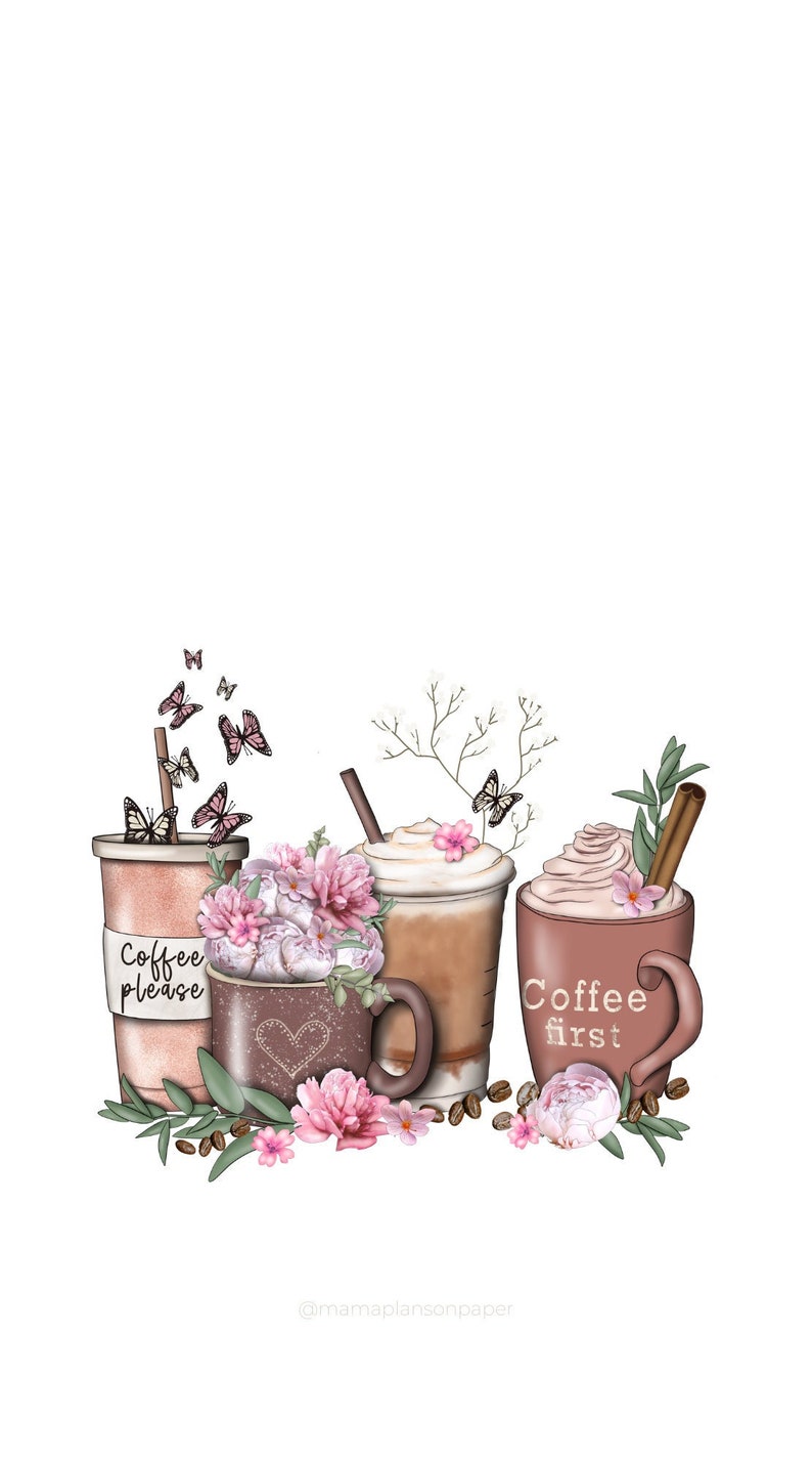 K&ouml;nnte beinhalten: Drei Kaffeetassen mit Schlagsahne und Blumen. Die Tassen haben den Text "Coffee please" und "Coffee first" aufgedruckt. Das Bild hat ein rosa-braunes Farbschema.