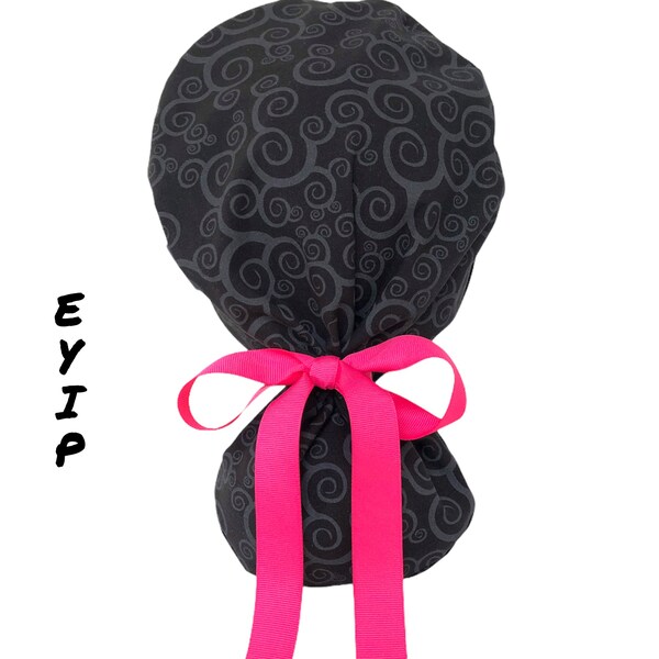 EYIP Scrub Cap, Dark Gray Swirls on Black Scrub Hat, Ponytail Scrub Cap for Women, Surgical Cap, Surgical Hats, Hot Pink Ribbon