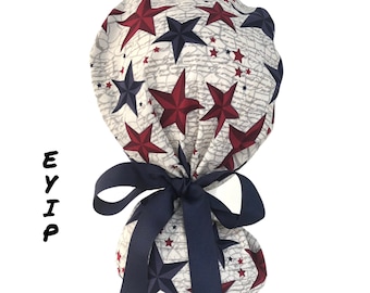 Ponytail Scrub Cap for Women by EYIP,  Patriotic Stars Surgical Cap, Navy Blue Ribbon