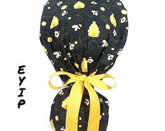 Ponytail Scrub Cap for Women by EYIP, Bees Surgical Cap, Yellow Ribbon & Clear Buttons