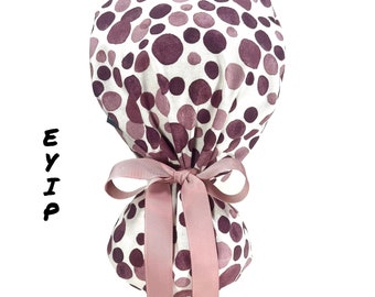 Ponytail Scrub Cap for Women by EYIP, Purple Dots Surgical Cap, Pink Ribbon