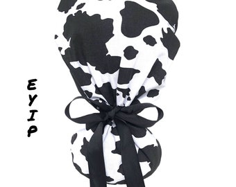 Cow Print Ponytail Scrub Cap: Black & White Cotton Veterinarian Hat