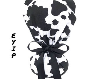 Ponytail scrub cap. Ponytail scrub hat. Scrub cap ponytail. Scrub hat ponytail with black and white cow print