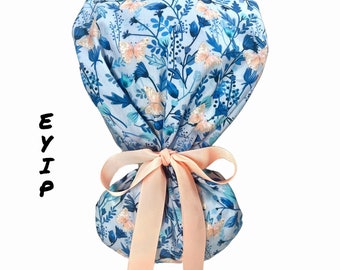 Floral ponytail Scrub Cap for Women by EYIP, Flowers and Butterflies Surgical Cap, Pink Ribbon & Buttons