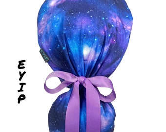 Ponytail Scrub Cap for Women by EYIP, Galaxy Surgical Cap, Purple Ribbon & Clear Buttons