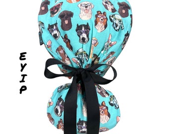Ponytail Scrub Cap for Women by EYIP, Dogs in Sunglasses Surgical Cap, Black Ribbon & Clear Buttons