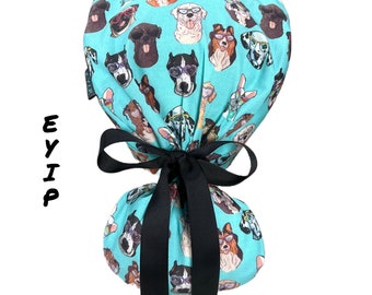 Ponytail scrub hat, EYIP scrub cap, ponytail scrub cap, veterinarian gift, surgery caps, scrub hats ponytail, dogs on blue