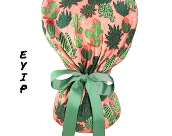 Ponytail Scrub Hat for Women, Surgical Cap by EYIP, Cactus Print, Green Ribbon & Clear Buttons