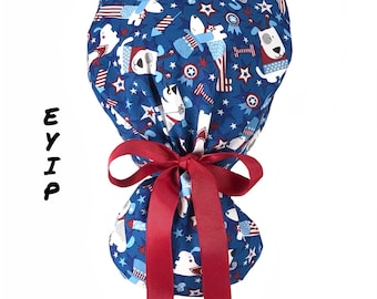 Ponytail Scrub Cap for Women by EYIP, Patriotic Dogs on Blue Surgical Cap with Red Ribbon