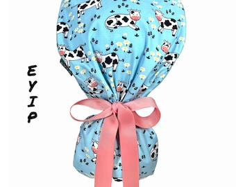 Ponytail Scrub Cap for Women by EYIP, Cows Surgical Cap, Pink Ribbon & Clear Buttons