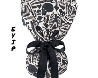 Ponytail scrub cap, ponytail scrub hat, radiology scrub cap, EYIP scrub cap, skulls and bones surgical scrub cap for women