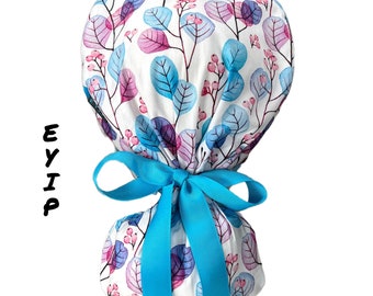 Ponytail Scrub Cap for Women by EYIP, Pastel Leaves Surgical Cap, Blue Ribbon & Clear Buttons