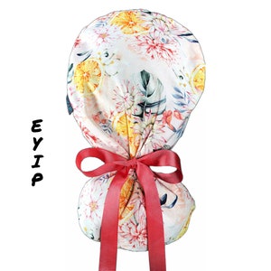 Floral Ponytail Scrub Cap: Pink Dahlia & Orange Slices, Cotton Surgical Hat