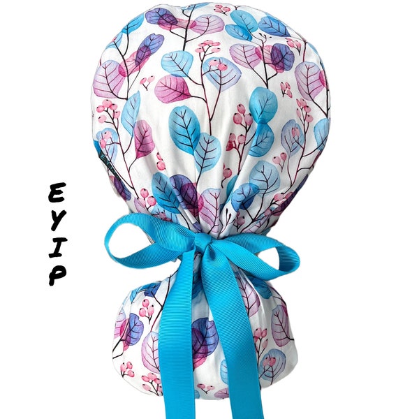 Ponytail Scrub Cap for Women by EYIP, Pastel Leaves Surgical Cap, Blue Ribbon & Clear Buttons