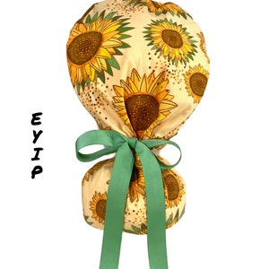 Ponytail Scrub Cap for Women by EYIP, Sunflowers Surgical Cap, Green Ribbon & Clear Buttons